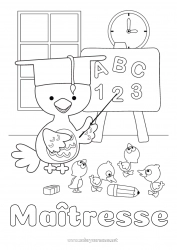 Coloriage enfant Chiffre Poussin Maîtresse/Maître École Animaux de la ferme Métiers de l'éducation Tableau de classe Salle de classe élève Toque d'étudiant