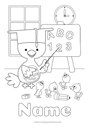 Free coloring Number Chick Teacher School Farm animals Education Professions Class board Classroom Student Student cap