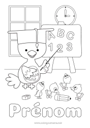 Coloriage à personnaliser Chiffre Poussin Maîtresse/Maître École Animaux de la ferme Métiers de l'éducation Tableau de classe Salle de classe élève Toque d'étudiant