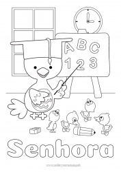 Página de desenho infantil Número Pintinho Professora/Professor Escola Animais de fazenda Profissões de educação Quadro-negro Sala de aula Estudante Gorro de estudante