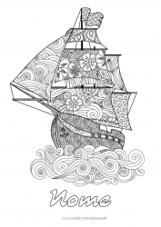 Desenho para personalizar Mandala Mar Barco Veleiro Colorações Complexas Zentangle Veículos marítimos