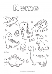 Desenho para personalizar Kawaii Dinossauros Animal Diplodoco Tiranossauro Tricerátopo