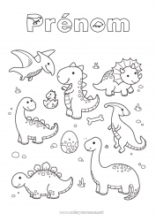 Coloriage gratuit Kawaii Dinosaures Animal Diplodocus Tyrannosaure Tricératops