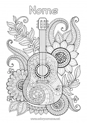 Colorazione gratuita Fiori Mandala Musica Colorazioni complesse Anti-stress Festa della musica Chitarra Strumenti musicali