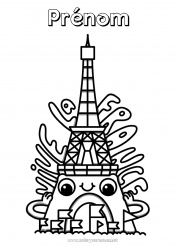 Coloriage gratuit Kawaii France 14 juillet Tour Eiffel Monument