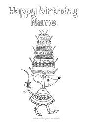 Free colouring Cake Birthday Mouse Happy birthday message Forest animals