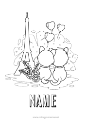 Colouring to customise Heart Cat Animal France Dogs And Cats 14Th July Eiffel Tower Paris Monument