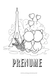 Pagină de colorat personalizată Inimă Pisică Animal Franța Câini și pisici 14 iulie Turnul Eiffel Paris Monument