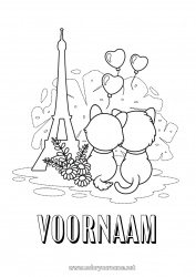 Kleurplaat aanpassen Hart Kat Dier Frankrijk Honden en katten 14 juli Eiffeltoren Parijs Monument