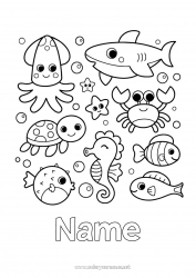 Coloring to customize Kawaii Turtle Jellyfish Sea Animal Fish Seahorse Crab Sea Shell Shark Starfish Marine or aquatic animals Reptiles Octopus