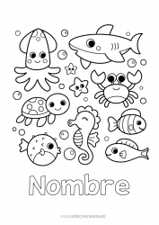 Colorear para personalizar Kawaii Tortuga Medusa Mar Animales Pescado Caballo de mar Cangrejo Conchas marinas Tiburón Estrella de mar Animales marinos o acuáticos Reptiles Pulpo