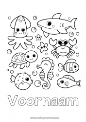Kleurplaat aanpassen Kawaii Schildpad Kwal Zee Dier Vis Zeepaardje Krab Schelpen Haai Zeester Zeedieren Reptielen Octopus, inktvis Zeeschildpad