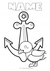 Free coloring Bird Animal Easy coloring pages Flying birds and mammals Marine anchor Seagull, gull