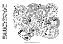 Gratis kleurplaat Muziek Doodle Zentangle Anti-stress Muziekfestival Muziekinstrumenten