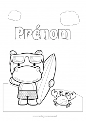 Coloriage gratuit Sport Hippo Plage Animal Surf Animaux sauvages d'Afrique Maillot de bain Sports nautiques
