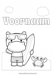 Gratis kleurplaat Sport Hippo Strand Dier Surfen Wilde dieren van Afrika Badpak Watersporten