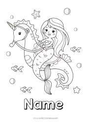 Free drawing Cute Kawaii Unicorn Mermaid Seahorse Fairy tale Marine or aquatic animals Dragons, unicorns and fantastic animals