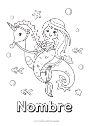 Colorear gratis Lindo Kawaii Unicornio Sirena Caballo de mar Cuento de hadas Animales marinos o acuáticos Dragones, unicornios y animales fantásticos