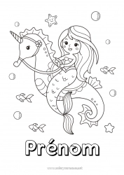 Coloriage gratuit Mignon Kawaii Licorne Animal Sirène Hippocampe Conte de fées Animaux marins ou aquatique Dragons, licornes et animaux fantastiques