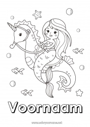 Gratis kleurplaat Schattig Kawaii Eenhoorn Dier Zeemeermin Zeepaardje Sprookje Zeedieren Draken, eenhoorns en fantastische dieren