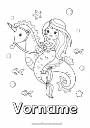 Malvorlage anpassen Niedlich Kawaii Einhorn Tier Meerjungfrau Seepferdchen Märchen Meeres- oder Wasserlebewesen Drachen, Einhörner und fantastische Tiere