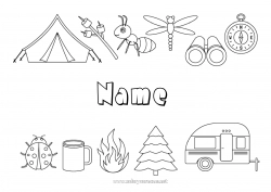 Free coloring Sweets Summer Ladybug Symbols Ant Insects Camping Tent Compass Dragonfly Fire Fir