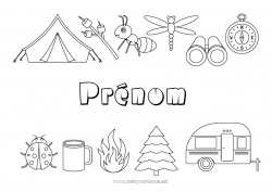 Coloriage gratuit Bonbons Été Coccinelle Symboles Fourmi Insectes Camping Tente Boussole Libellule Feu Sapin