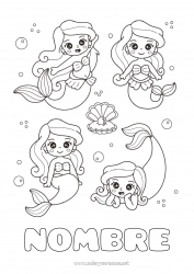 Colorear gratis Kawaii Sirena Conchas marinas Animales marinos o acuáticos