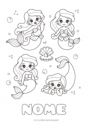 Desenho grátis Kawaii Sereia Conchas Animais marinhos ou aquáticos