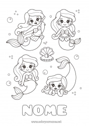 Disegno gratuito Kawaii Sirena Conchiglie Animali marini o acquatici