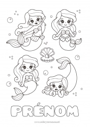 Coloriage gratuit Kawaii Sirène Coquillages Animaux marins ou aquatique