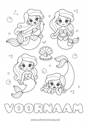 Kleurplaat aanpassen Kawaii Zeemeermin Schelpen Zeedieren