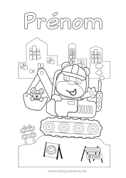 Coloriage gratuit Ours Souris Ourson Engins de chantier Animaux de la forêt Métier Tractopelle Métiers du chantier