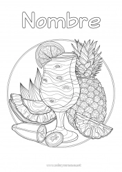 Dibujo libre Piña Frutas Bebidas Dibujos complejos para colorear Zentangle Cócteles Plátano Naranja