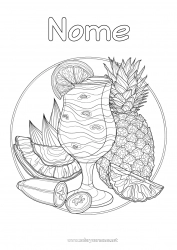 Desenho para personalizar Abacaxi Frutas Bebida Colorações Complexas Zentangle Coquetel Banana Laranja