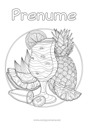 Pagină de colorat gratuită Ananas Fructe Băutură Desene de colorat complexe Zentangle Cocktail Banana Portocalie