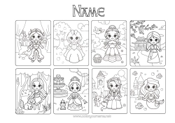 Colouring to customise Castle Princess Siren Fairy Tale Intermediate Colouring Sheets Children's Tales Snow White