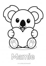 Coloriage enfant Mignon Coeur Kawaii Je t'aime Animal Koala Coloriages faciles Autres animaux du monde