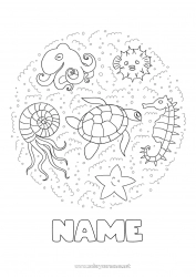 Free coloring Mandala Turtle Jellyfish Animal Seahorse Starfish Marine or aquatic animals Reptiles