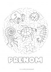 Coloriage à personnaliser Mandala Tortue Méduse Animal Hippocampe Étoile de mer Animaux marins ou aquatique Reptiles