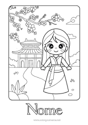 Colorazione gratuita Kawaii Principessa Fiaba Cartone animato Principessa famosa Ciliegio Pagoda