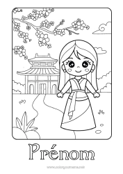 Coloriage à personnaliser Kawaii Princesse Conte de fées Dessin animé Princesse célèbre Cerisier Pagode