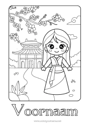 Gratis kleurplaat Kawaii Prinses Sprookje Cartoon Beroemde Prinses Kersenboom Pagode