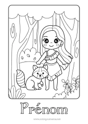 Coloriage gratuit Kawaii Princesse Conte de fées Animaux de la forêt Dessin animé Princesse célèbre Raton laveur