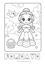 Gratis farvelægning Kawaii Fugl Prinsesse Kurv Eventyr Fugle og flyvende pattedyr Tegnefilm Berømt prinsesse