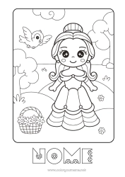 Colorare per personalizzare Kawaii Uccello Principessa Cestino Fiaba Uccelli e mammiferi volanti Cartone animato Principessa famosa