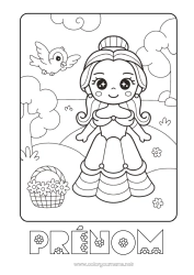 Coloriage gratuit Kawaii Oiseau Princesse Panier Conte de fées Oiseaux et mammifères volants Dessin animé Princesse célèbre