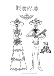 Free colouring Skeleton Skull Day of the Dead Music Day Guitar Musical instruments Marriage Bride