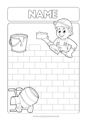 Colouring to customise Children's Activities Trace And Colour. Profession Construction Trades Bricklayer Site, Construction