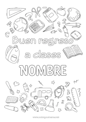 Colorear gratis Simbolos Lápiz Mochila escolar Globo terráqueo Regreso a clases ¡Feliz regreso a clases mensaje! Útiles escolares Despertador Escuadra Calculadora Transportador